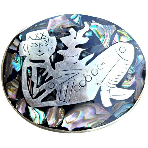 Belt Buckle Other - Vintage mother of pearl inlay Mexican belt buckle with figure